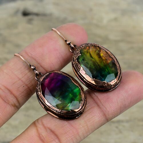 Boucles d'oreilles électroformées bijoux Ammolite cuivre ami cadeau goutte/angle 1,85" - Photo 1 sur 6