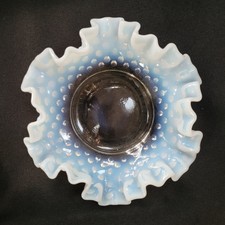 VINTAGE FENTON HOBNAIL CANDY DISH WHITE OPALESCENT CRIMPED RUFFLED RIM