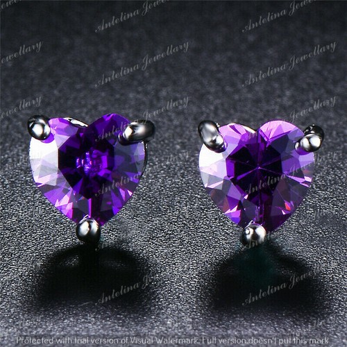 3 Ct Heart Purple Simulated Amethyst Solitaire Earrings 14K White Gold Plated - Picture 4 of 7