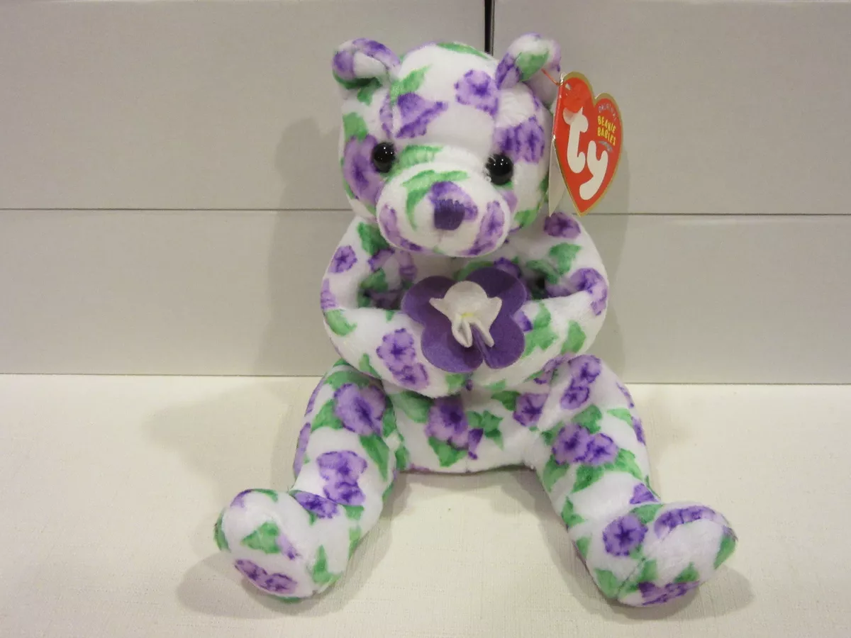 2003 Corsage Beanie Baby White Bear with Purple Flowers with Green Foliage