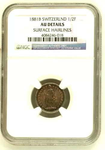 1881 B Switzerland 1/2 Franc, NGC AU Details - Cleaned