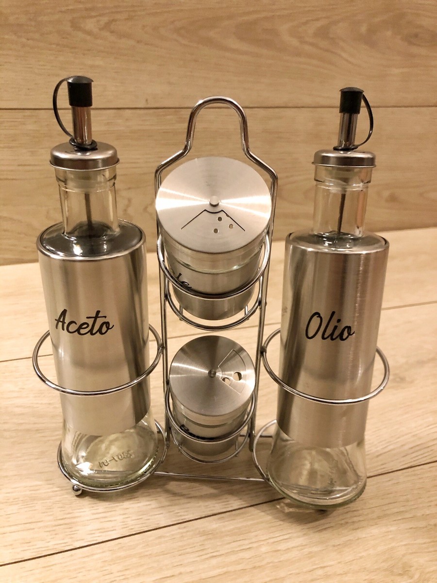 Set 3 Oliere In Vetro E Acciaio – Saliera, Pepiera E Portaspezie (Nero, Bianco, Argento)