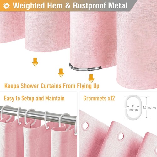 Pink Extra Long Shower Curtain 72x96" Linen Textured Heavy Duty with 12 Hooks - Picture 4 of 6