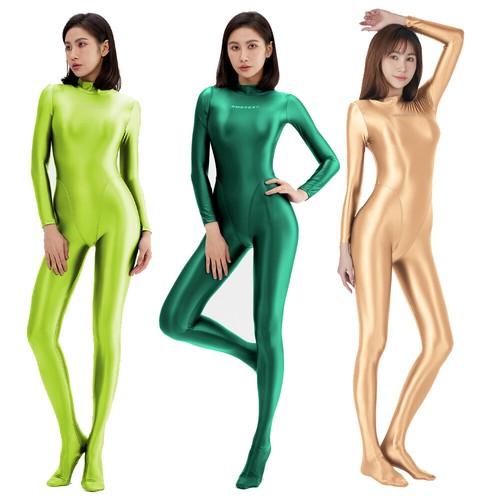 AMORESY Women Zentai Jumpsuit Satin Shiny Long Sleeve Leotards Overalls Catsuit - Picture 15 of 42
