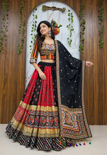 Black Red Indian Heavy Muslin Cotton Lehenga Choli Blouse Piece Dupatta Set