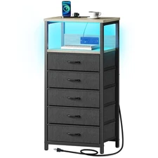Night Stand with Charging Station, Tall Nightstand with 5 Fabric Storage Draw...