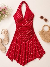 First Look Red Polka Dot Halter Midi Dress Ruched Pin Up Rockabilly S Vintage