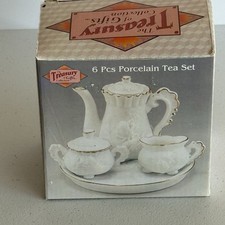 Vtg 6 Piece Porcelain Gold Toned Mini Tea Set NEW Open box
