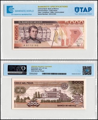 Mexico 5000 Pesos, 1989, P-88c UNC Signature And Series Varies TAP