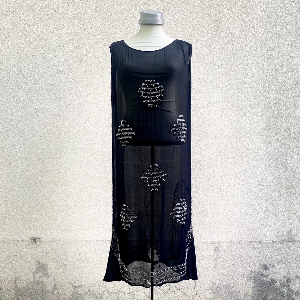 Antique 1920s Art Deco Great Gatsby Black Silk Chiffon Beaded Flapper Dress M - Image 2 of 4