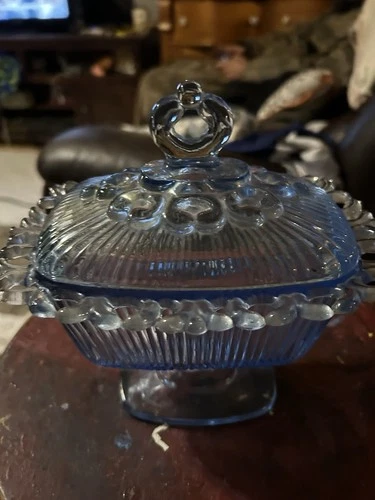 Vintage Indiana Glass Sky Blue Pedestal Lidded Compote Candy Dish Laced Edge