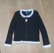 Michael Simon Christmas Black & White Santa Cardigan Sweater Front zip Size Med.