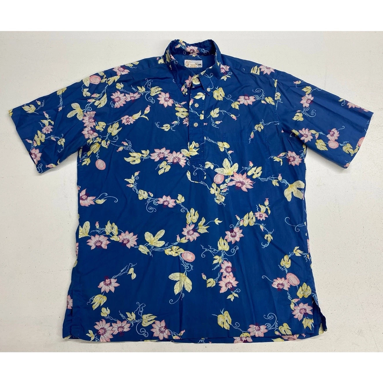 VTG 1980s Reyn Spooner gold nude tag 1/2 button cotton floral Hawaiian shirt L