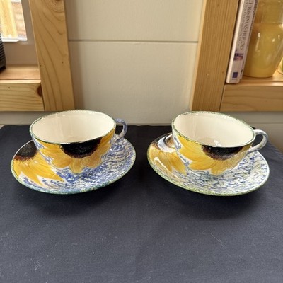 2 Poole Pottery Sunflower Cup & Saucer Hand Painted England Pair Blue Yellow