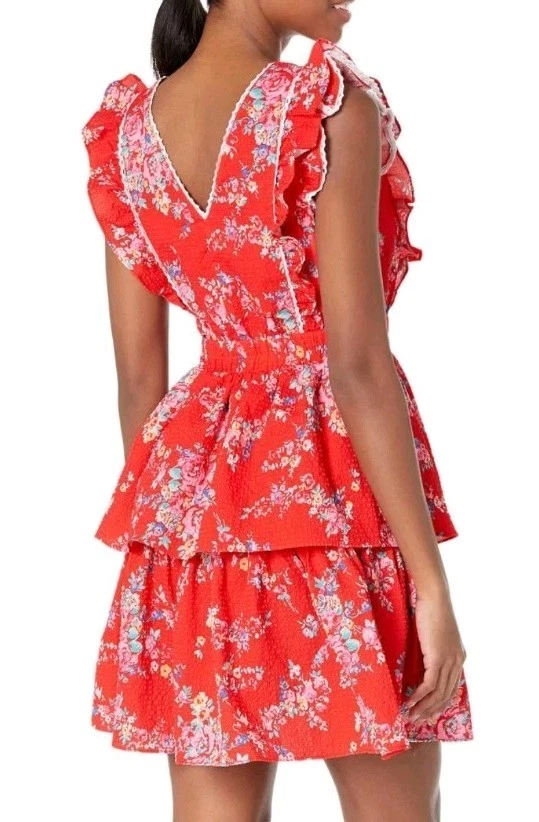Betsey Johnson Bush Gardens Red Seersucker Ruffle Floral Red Dress Size Small  - Image 2 of 4
