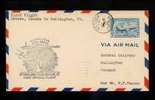 Postal History Canada #C8 Air First Flight CAM 72 1946 Ottawa ON Burlington VT