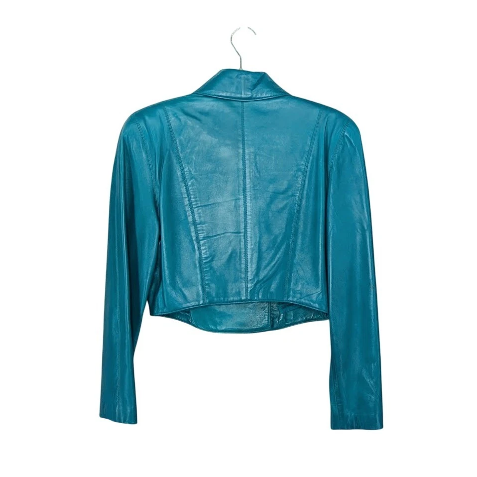 Chaqueta de moto recortada de cuero turquesa Michael Hoban North Beach 7/8 Foto 4 de 4