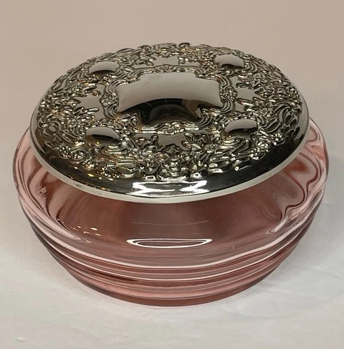Pink Depression Glass  Trinket Dish With Metal Silver Tone Lid