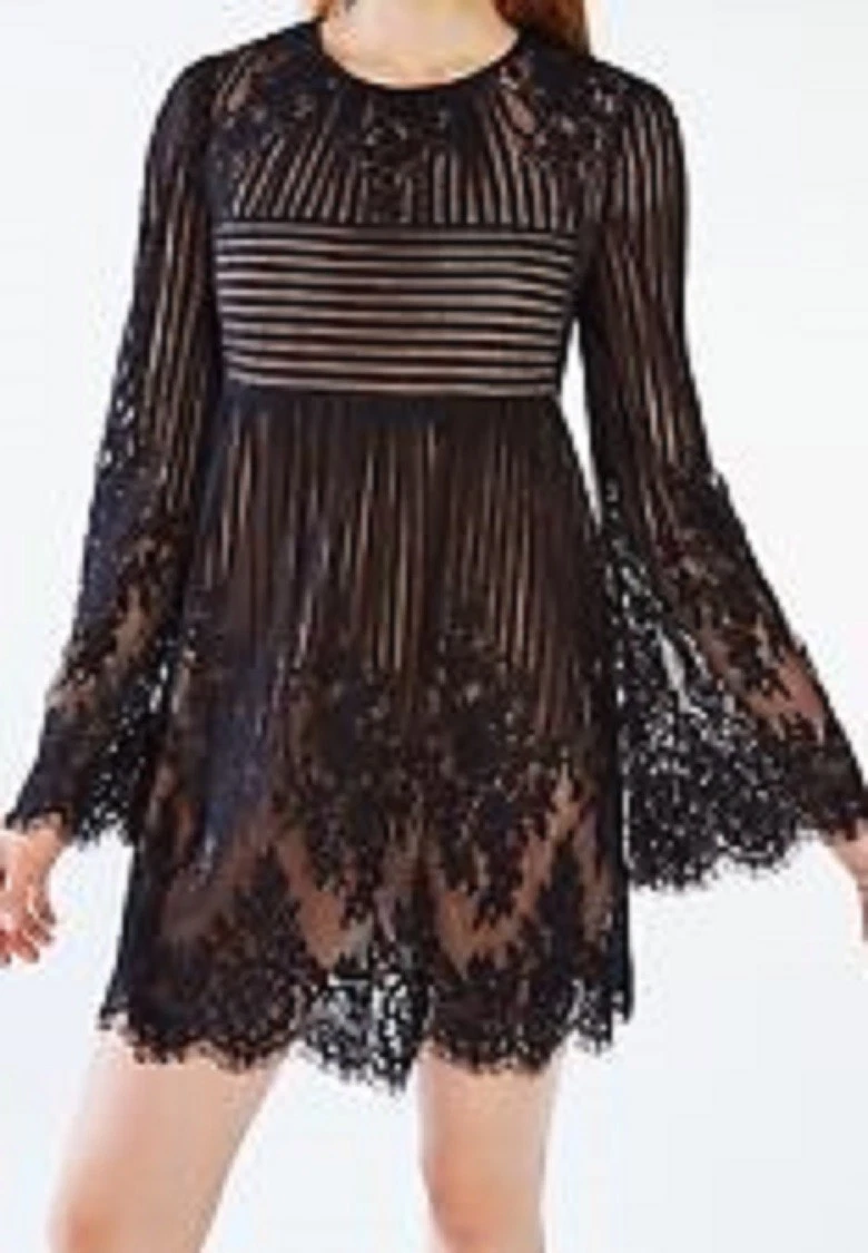 BCBG MAXAZRIA LUANN EMBROIDERED BLACK LACE MINI DRESS Nude Lining Small New 338