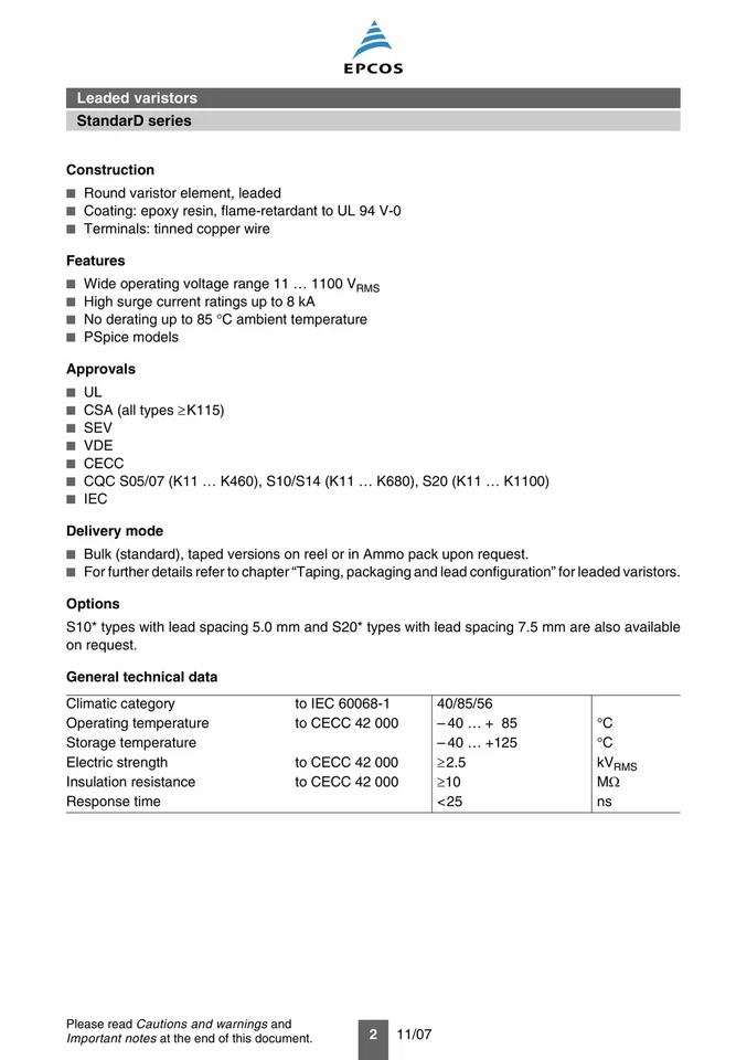(PKG of 20) 470V MOV Varistor, 330VAC/385VDC, 1200A, 23J, EPCOS, B72207S301K101 - Image 4 of 4