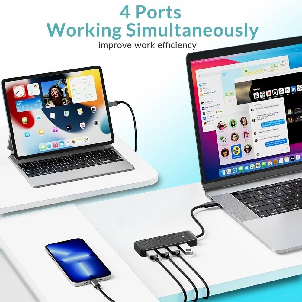 PHIXERO 4-Port USB 3.0 Hub with 5Gbps Speed and 1m Cable