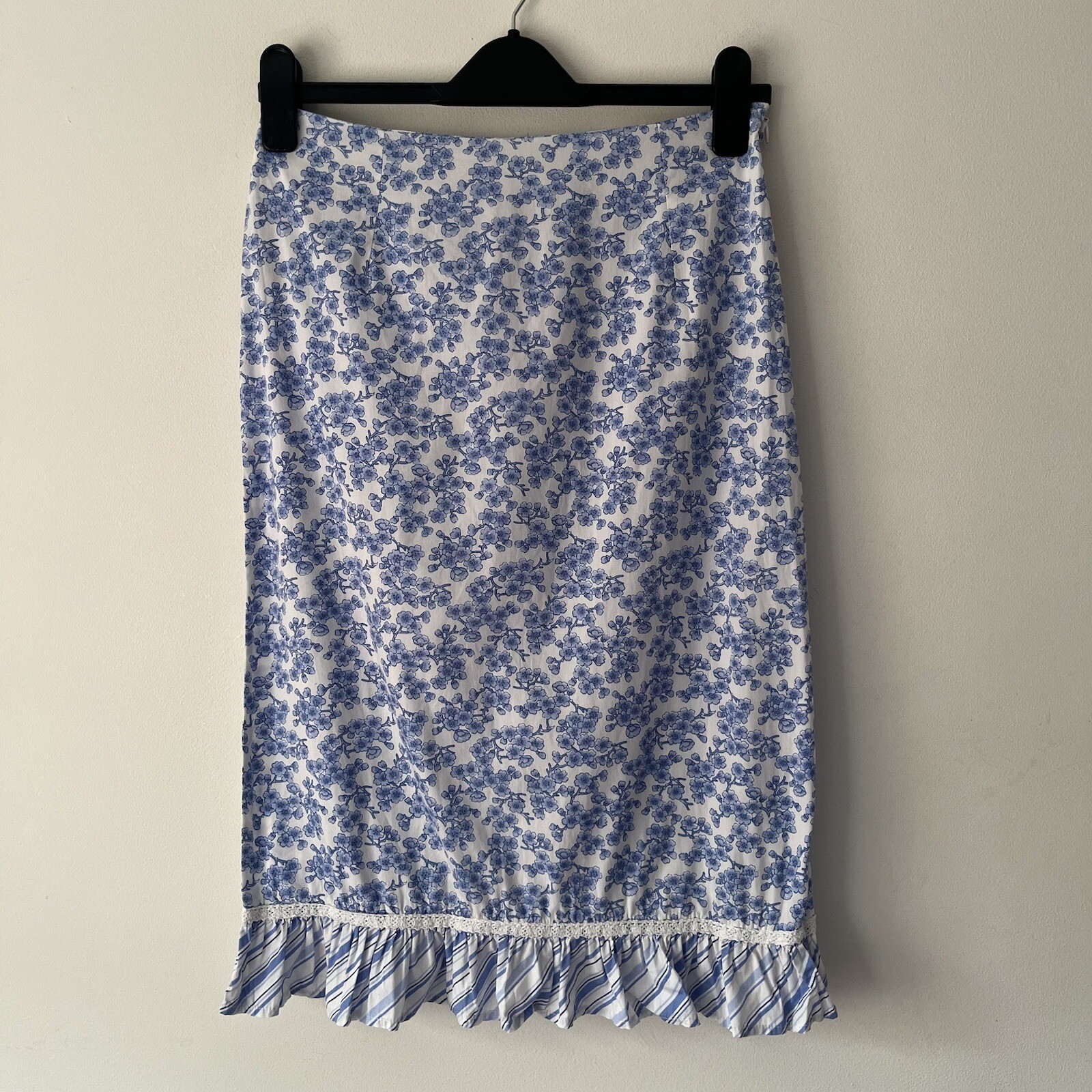 Y2K Blue Floral Striped Cotton Midi Skirt UK 8 W14 90s Oasis