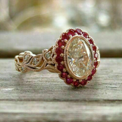3.5Ct Art Deco Style Lab Created Diamond & Ruby Engagement 14K Rose Gold FN Ring