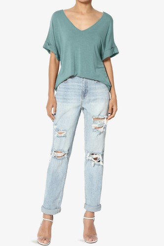 TheMogan S~3X Wide V-Neck Cuffed Short Sleeve Curved Hem Luxe Jersey Top - Picture 74 of 212
