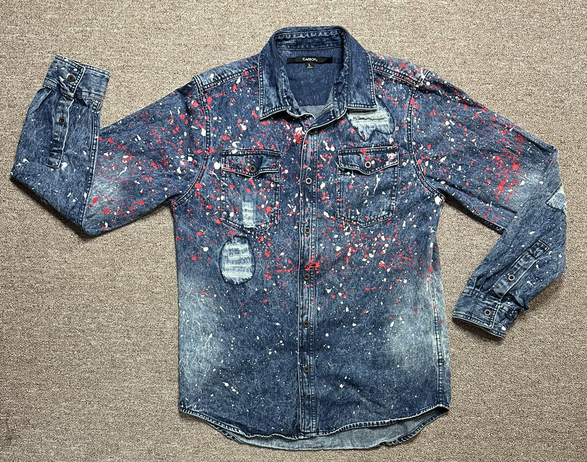 Mens Denim Jacket Paint Splatter Distressed Wrecked R… Gem
