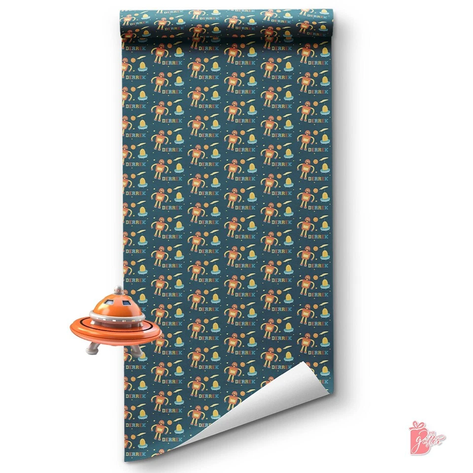 Name Personalized Gift Wrapping Paper Roll 24" Alien Robot Birthday Gift Wrap - Image 3 of 4