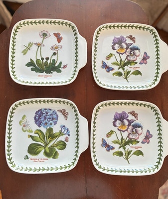 PORTMEIRION BOTANIC GARDEN SET of 4 SQ HANDLED CANAPE DISHES PANSY DAISY PRIMULA