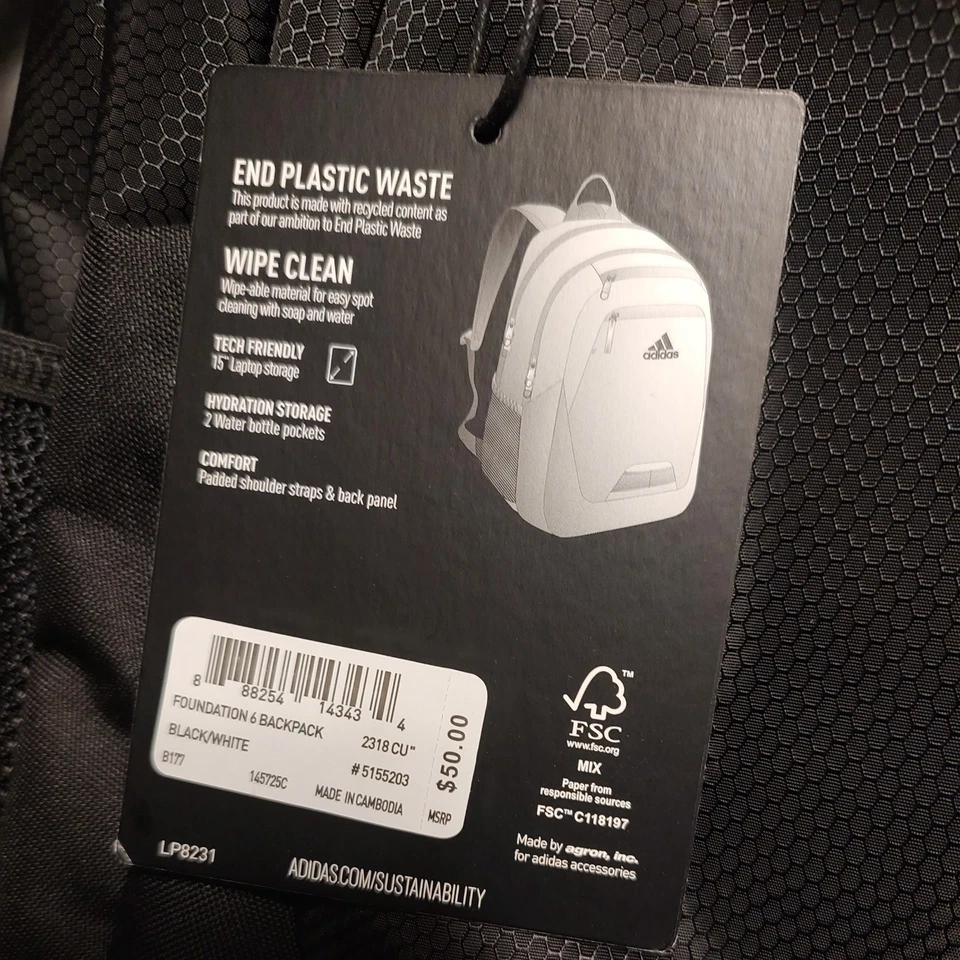 Adidas Foundation 6 Backpack - Black and White - New With Tags - Image 3 of 4
