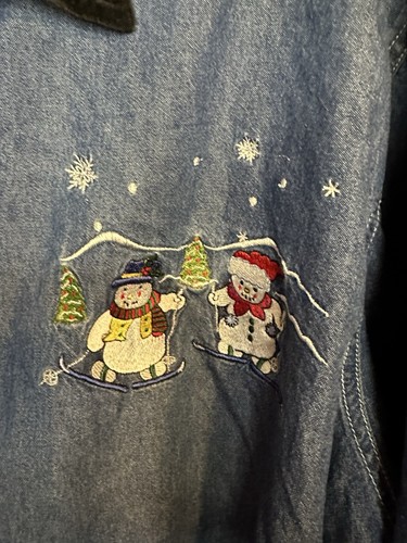 Vintage 90s Christmas Denim Shirt Embroidered Snowman Women's Size 24w - Picture 3 of 6