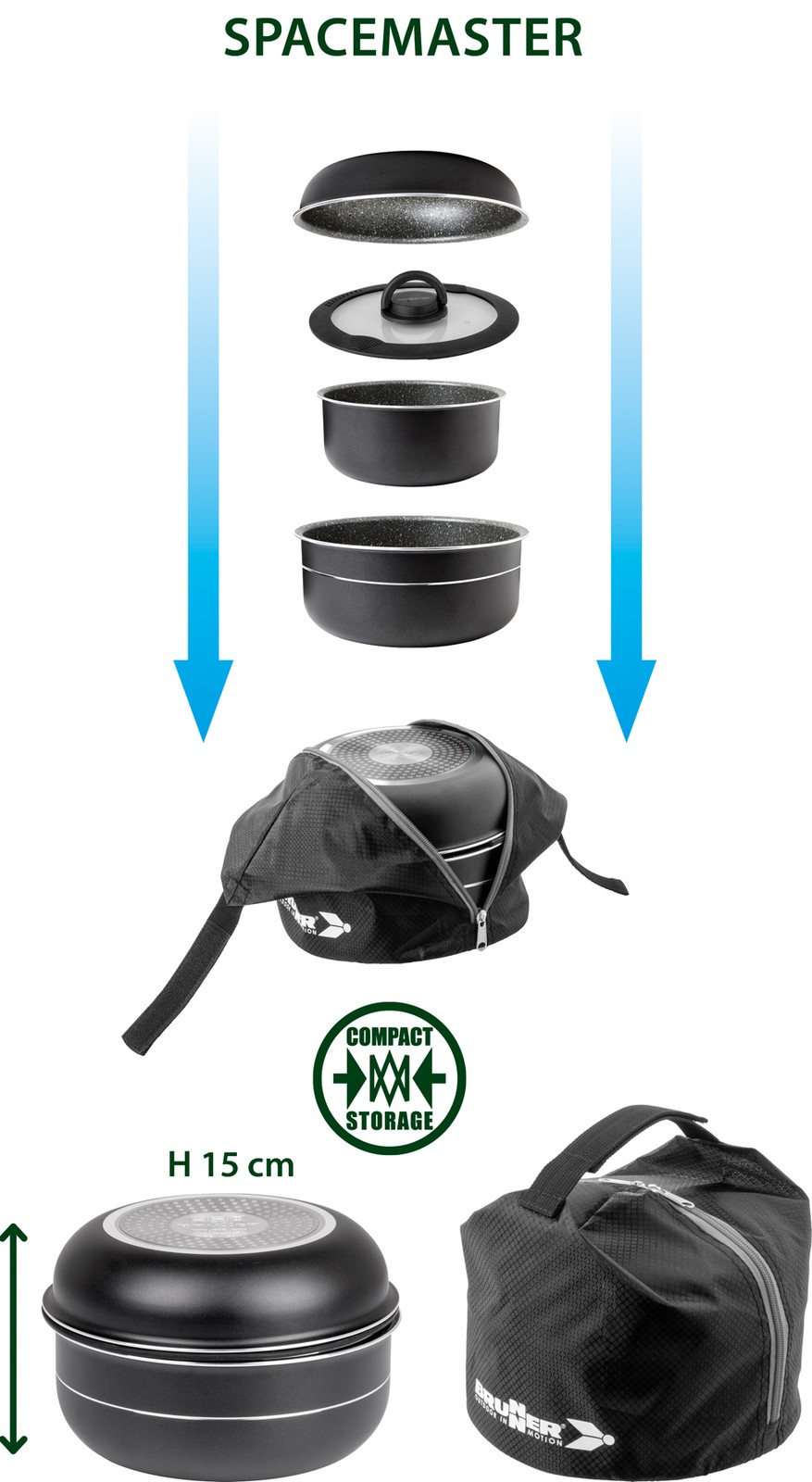 Brunner Pirate Spacemaster 24cm 6+1 Stacking Ceramic Camping Cooking Pan Set