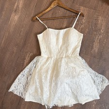 Vtg Y2K Floral Lace DRES Sexy Tiny Mirco Mini Womens Small Ivory Romantic Tulle