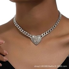 Women's Necklace Heart Pendant 18K Silver Plated Chunky Stainless Steel Chain