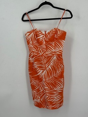 Milly of New York Orange White Linen Tropical Palm Tree Mini Dress Womens Size 6