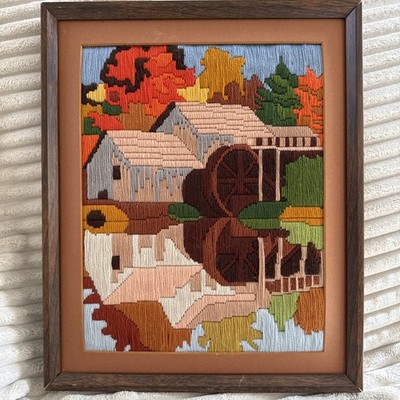 Vintage Crewel Embroidery Landscape Country Autumn Scene Framed No Glass 1978