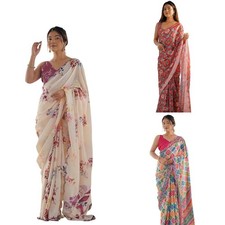Women's Stylish Chiffon Floral Bandhani Printed Lace Saree with Blouse Piece