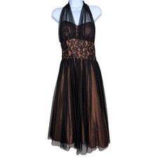 VTG Lace Halter Evening Dress 4 Y2K Fairy Grunge Whimsigoth Mesh Satin Low Back