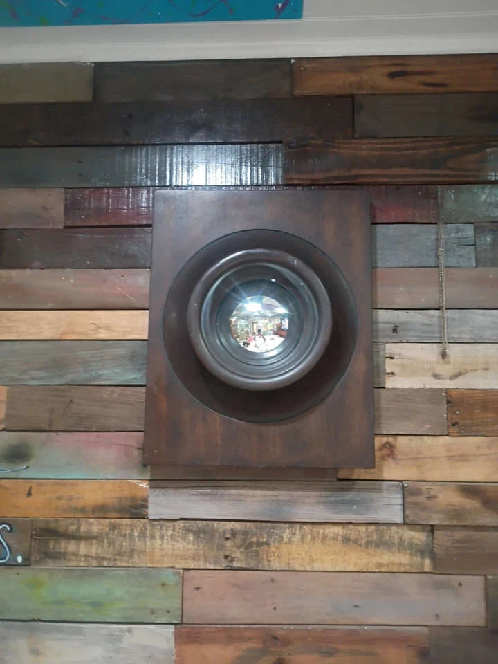 Espejo ojo de buey convexo de madera Global View marco de madera pesado colgante de pared ojo de pez Foto 3 de 4