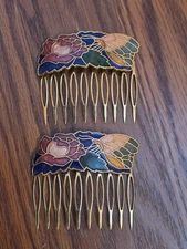 Vintage Cloisonne Enamel Hair Comb Butterfly Floral Blue Pink Gold Tone Set Of 2