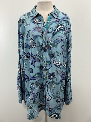Talbots Button Up Tunic Top Shirt Women s 3X Plus Blue Paisley Rayon