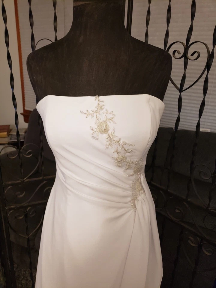 婚礼礼服非正式白色缎面雪纺帝国/自然腰围 A 字 10 码 — 第 4/4 张图片