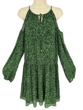 Michael Kors Cold Shoulder Dress Green Snake Print L/S Chiffon Pleated Size L