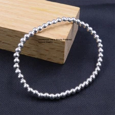 Pure S999 Fine Silver 999 Bangle Women 4mm Lucky Smooth Round Beads Bracelet