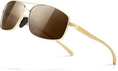 Gold Frame Brown Lens Ultra Lightweight Rectangular Polarized Sunglasses UV400