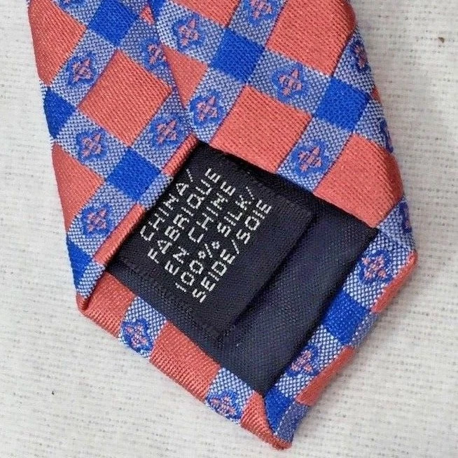 Corbata de cuello 100 % seda a cuadros melocotón azul naranja LANDS' END para hombre NUEVA sin etiquetas Foto 4 de 4