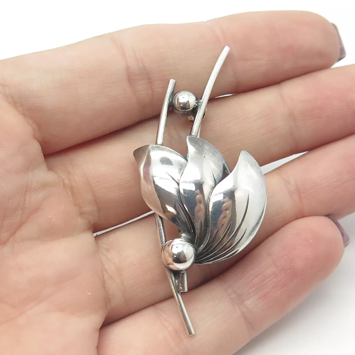 N.E. FROM 925S Sterling Silver Vintage Denmark Modernist Floral Pin Brooch
