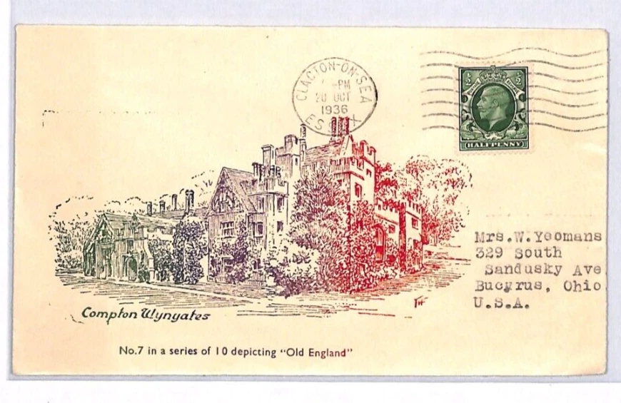 GB KGV Cover OLD ENGLAND Illustrated *COMPTON WYNYATES*(Warwicks) 1936 USA YK268 - Image 2 of 4